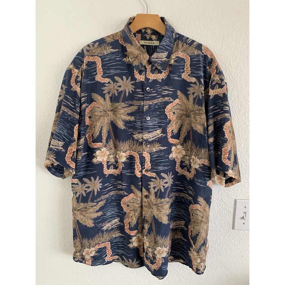 SUMMA Aloha Hawaiian Shirt Blue‎ Floral Palm Tree Canoe Men's Large Silk Blend
